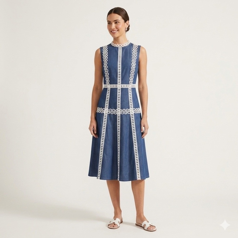 Misook Fit & Flare Cotton Eyelet Trim Midi Dress Mazarine Blue White Size Small